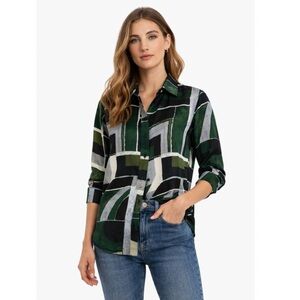Ralph Lauren Geo-Print Charmeuse Button Down Blouse Green Petite PXS